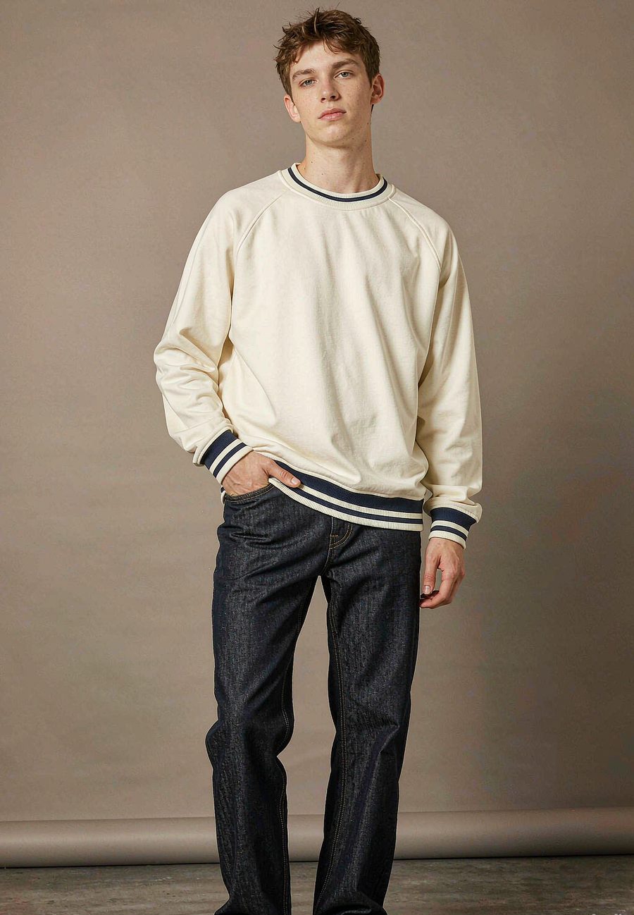 "Varsity" Crewneck in Ecru / Navy - Ecru / Navy